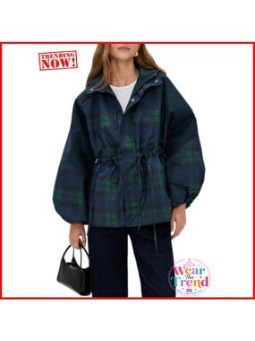 Women's Plaid Raincoat Waterproof Windbreaker Hooded Rain Jacket
